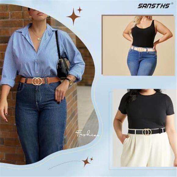 3 Pack Women Double O Ring Belt Gold Buckle Leather Jeans Dress Waist